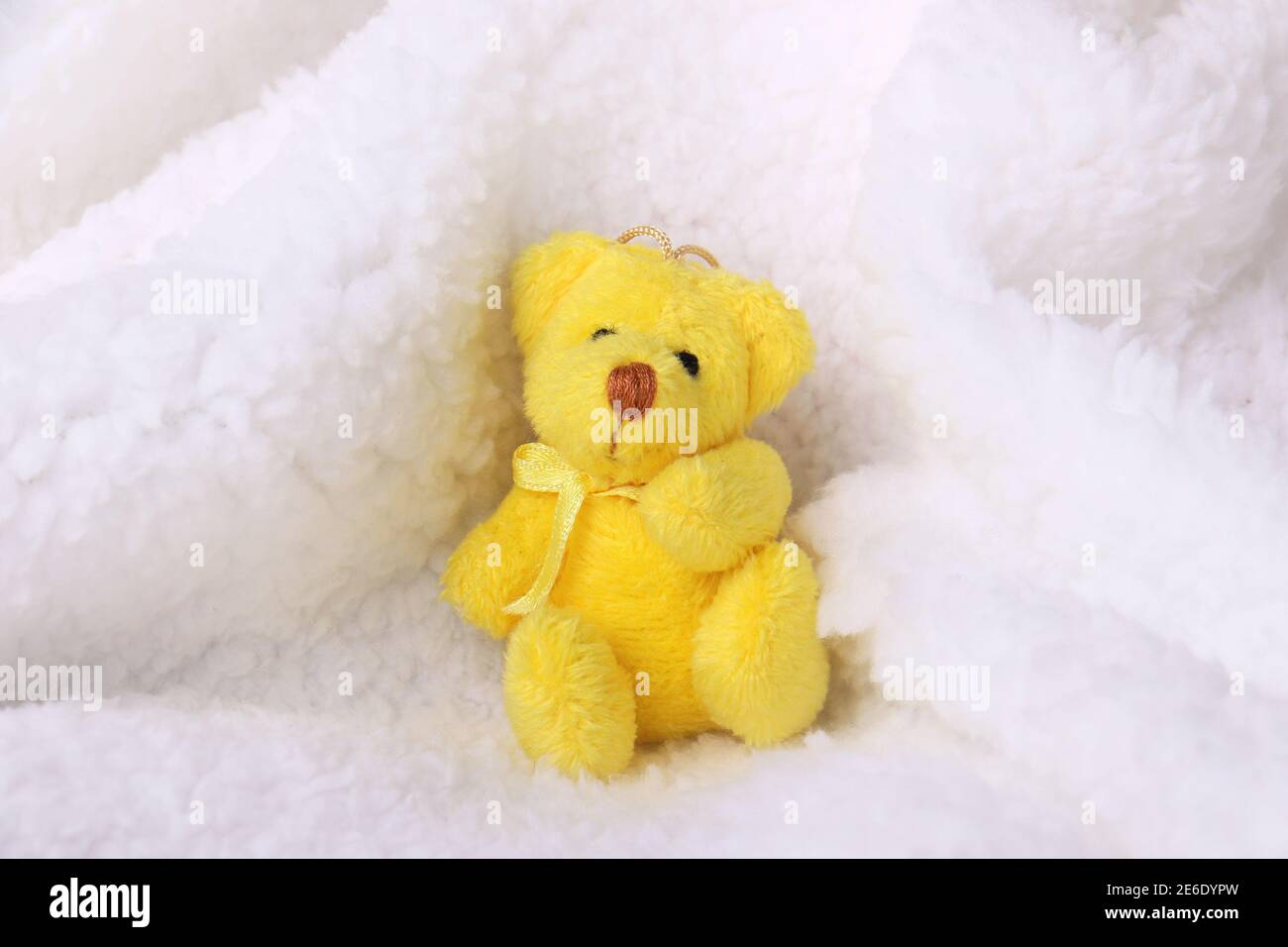 Ein winziger gelber Teddybär, der in einer weißen Pelzdecke sitzt. Stockfoto