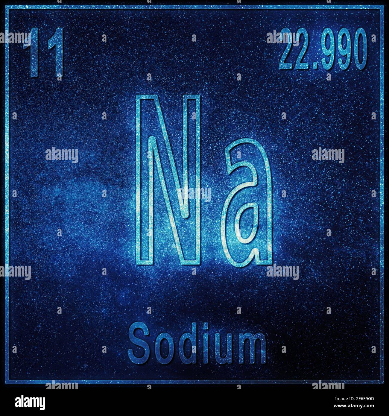 Chemisches Element Natrium, Zeichen mit Ordnungszahl und Ordnungsgewicht, Periodensystem Stockfoto