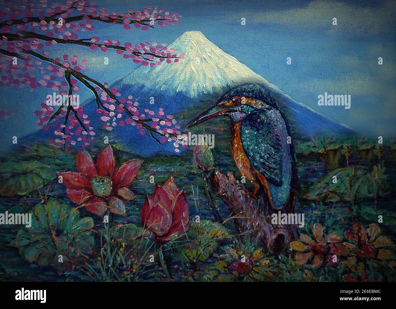 Eisvögel Vogel, Ölgemälde, auf einem Baum, hinter, Berg Fuji. Stockfoto