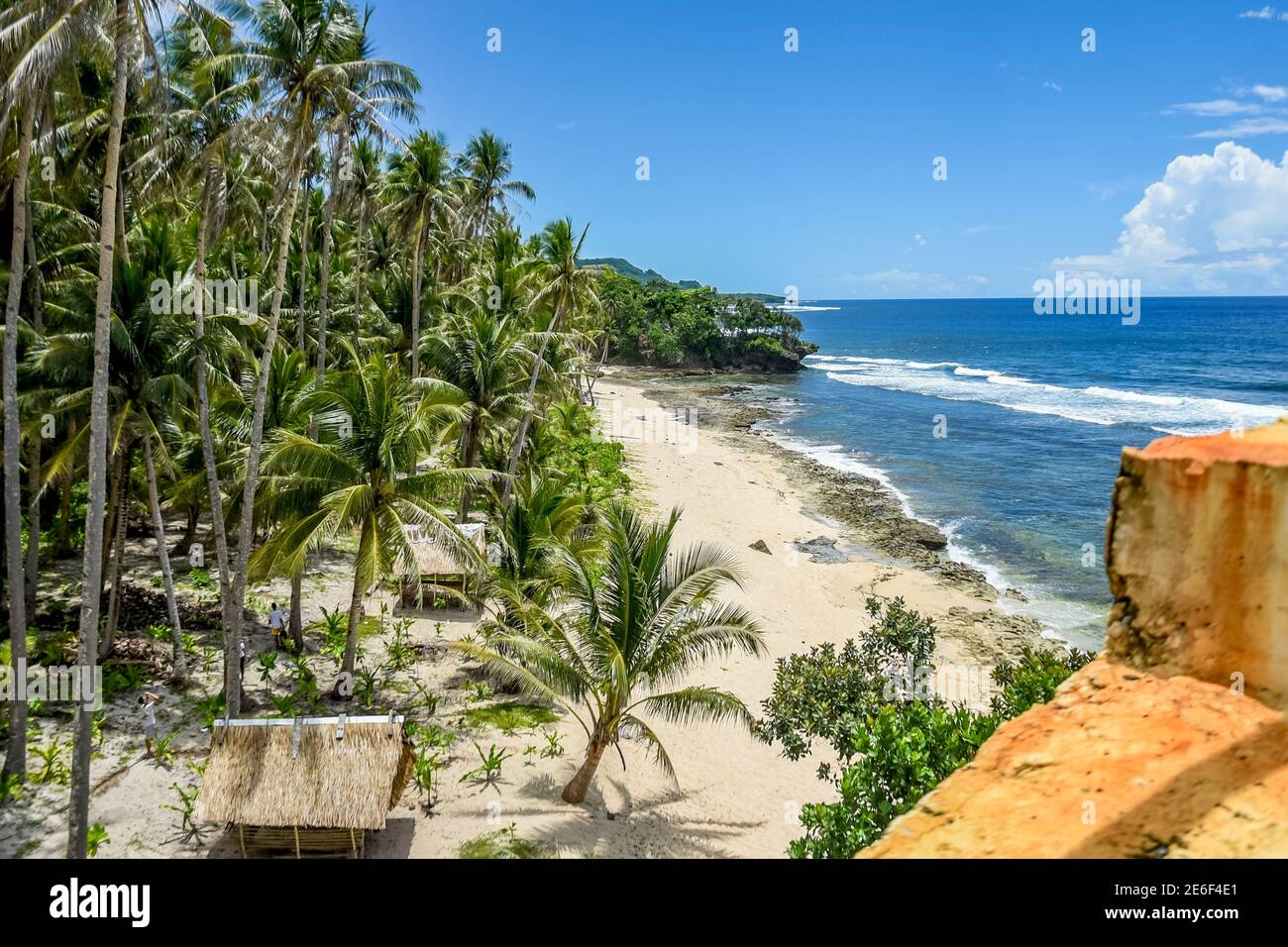 Siargao Island Himaya Beach, bester weißer Leuchtturm und erstaunliche Kokosnusspalmen, Tigasao Village, San Isidro. Great Blue Ocean Wasser und mit Sand Stockfoto