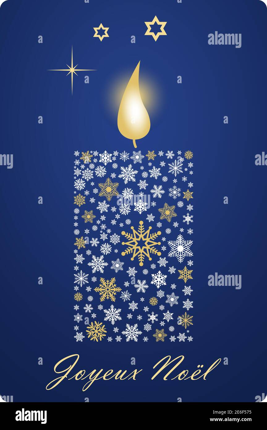 Joyeux Noel Weihnachtskerzenvektor mit Schneeflocken, Sternen und französischen Grüßen. Übersetzung Französisch ins Englische: Joyeux Noel ist Frohe Weihnachten. Stock Vektor
