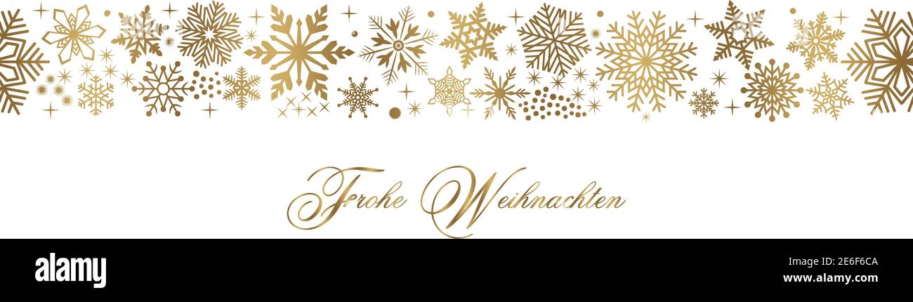 Nahtlose deutsche Grüße Frohe Weihnachten Vektor mit Schneeflocken und Sternen. Übersetzung Deutsch ins Englische: Frohe Weihnachten ist Frohe Weihnachten. Stock Vektor