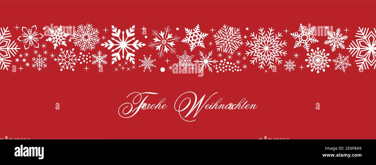 Nahtlose deutsche Grüße Frohe Weihnachten Vektor mit Schneeflocken und Sternen. Übersetzung Deutsch ins Englische: Frohe Weihnachten ist Frohe Weihnachten. Stock Vektor
