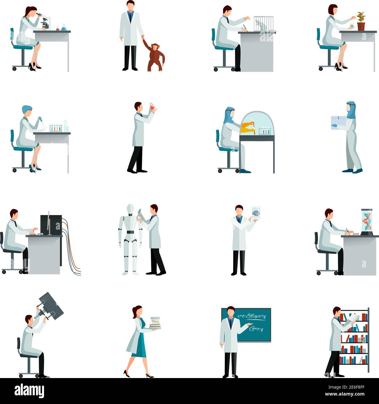 Wissenschaftler dekorative flache Farb-Icons Set mit Männern und Frauen Tun Forschung im Labor auf weißem Hintergrund isoliert Vektor-Illustration Stock Vektor