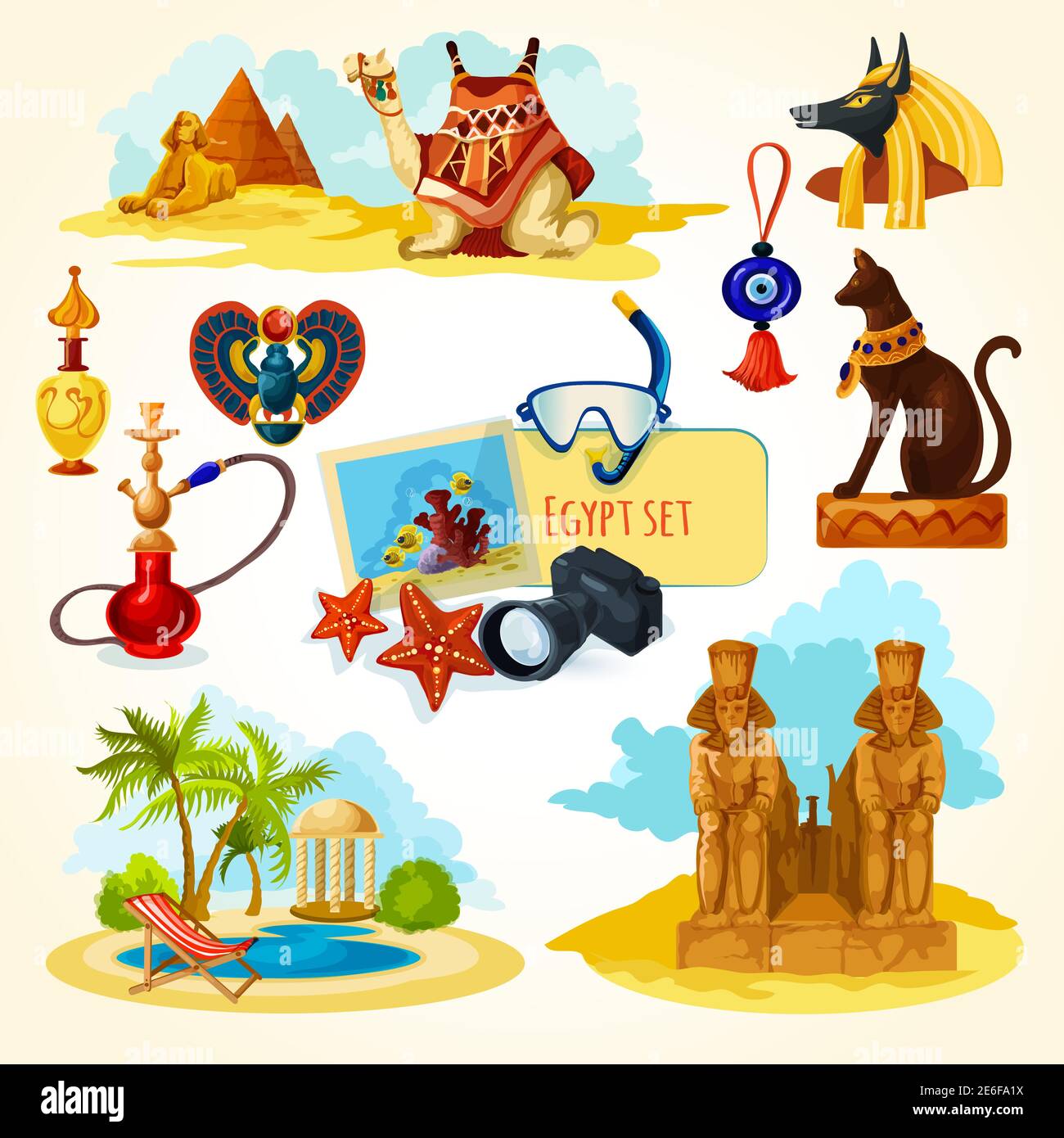 Ägypten touristische Set mit Cartoon Reise Attraktionen isoliert Vektor Illustration Stock Vektor