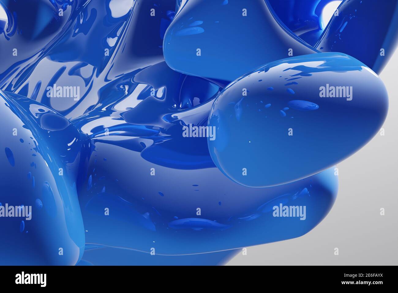 Abstrakte blaue Flüssigkeitstropfen Spritzer auf einem weißen Hintergrund - Illustration, computergenerierte 3D gerendertes Bild Stockfoto