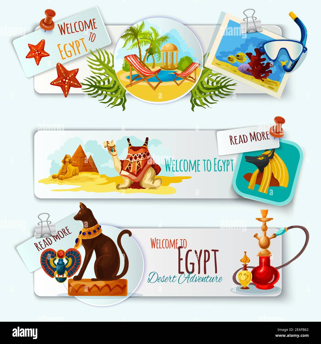 Ägypten touristische Banner horizontale Set mit Cartoon-Sehenswürdigkeiten isoliert Vektor Abbildung Stock Vektor