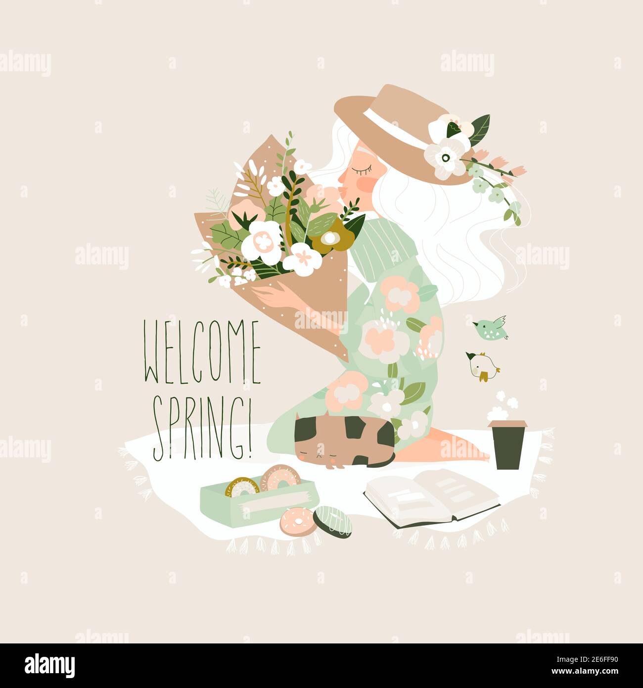 Cartoon schöne Mädchen mit Blumenstrauß Stock Vektor