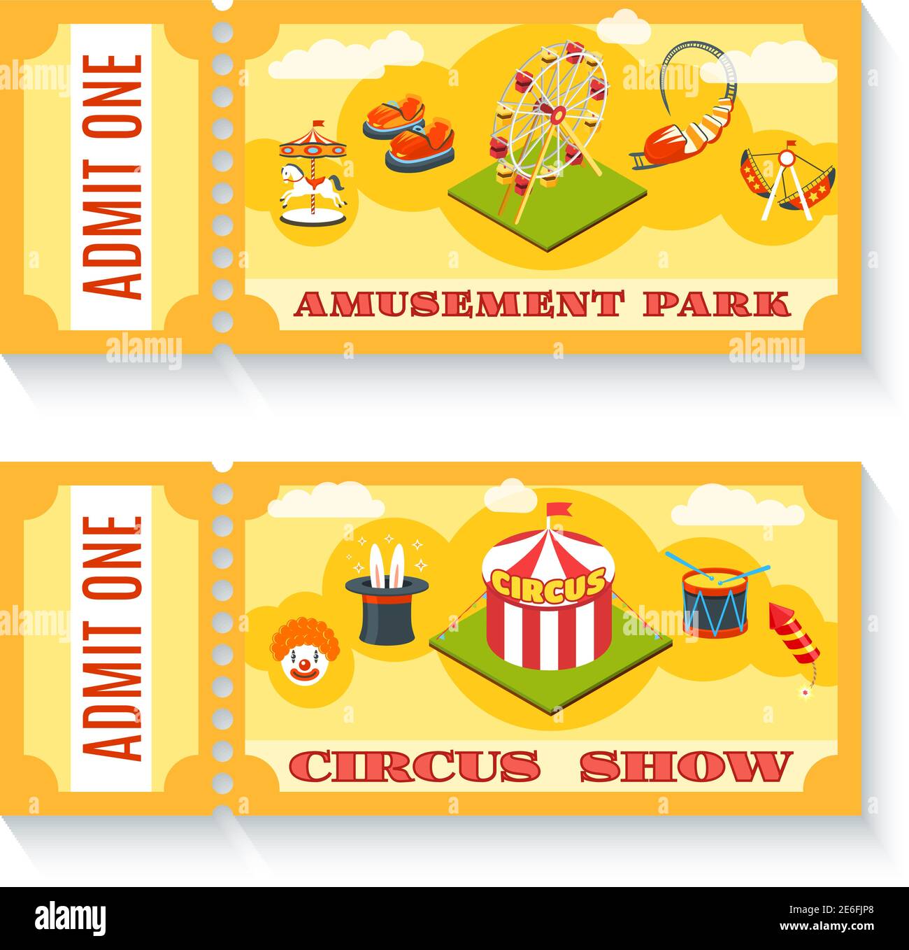 Zwei vintage Vergnügungspark Zirkus Show Eintrittskarten Vorlagen Set Mit Chapiteau Zelt abstrakt isoliert Vektor-Illustration Stock Vektor