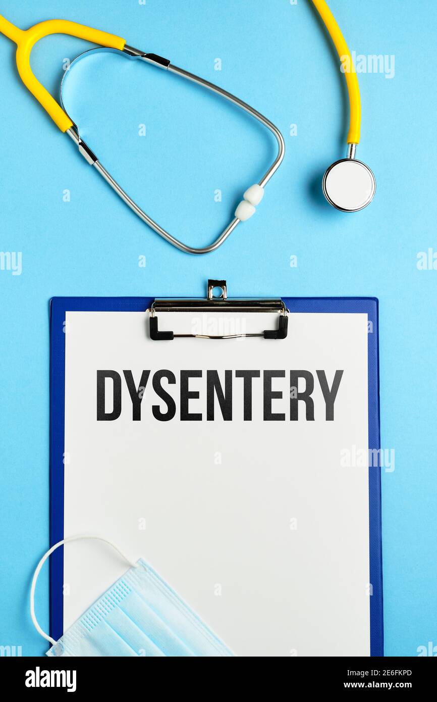 Dysenterie Diagnose Konzept auf medizinischen Tablette mit Dokumenten mit Stethoskop Stockfoto