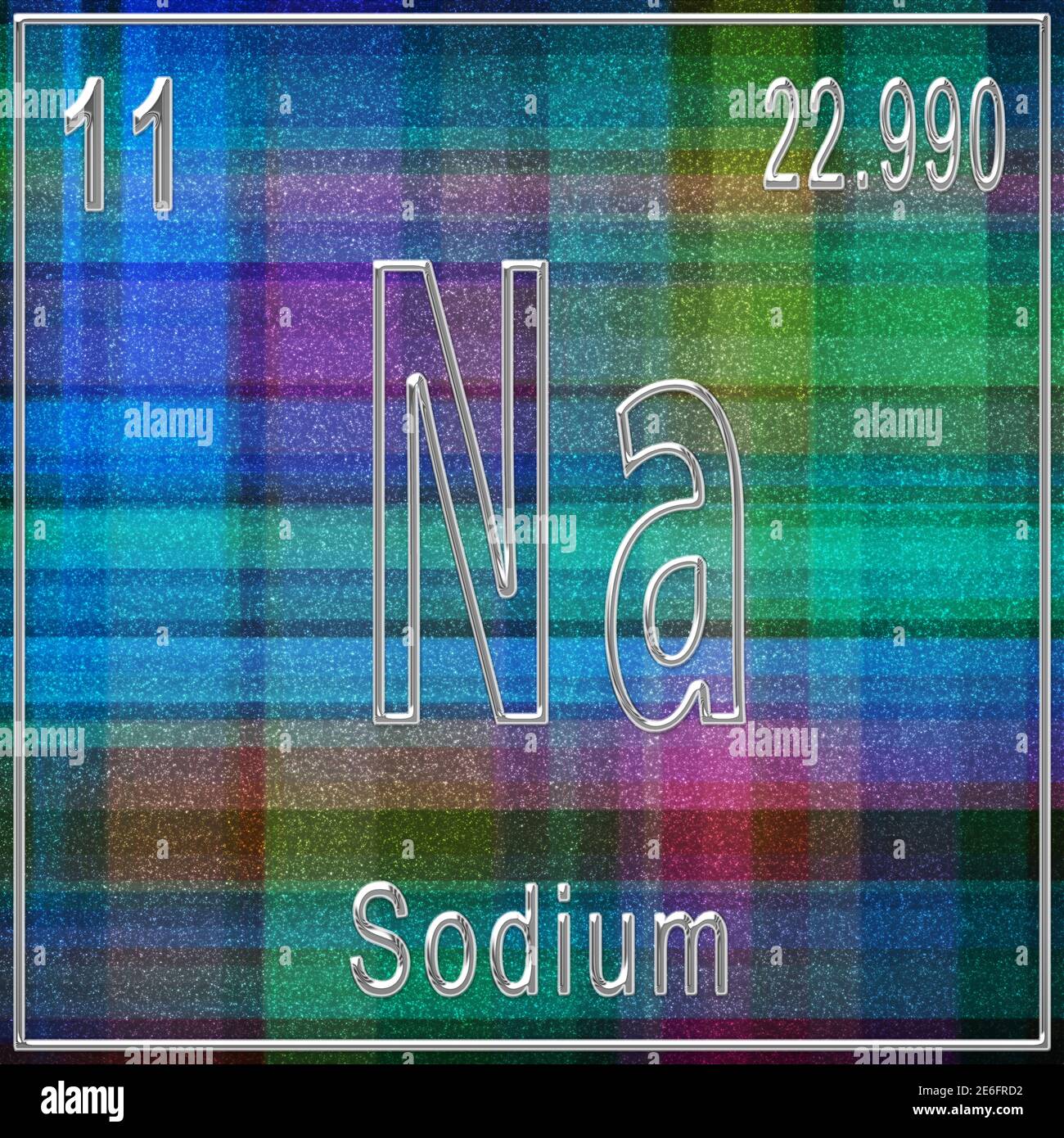Chemisches Element Natrium, Zeichen mit Ordnungszahl und Ordnungsgewicht, Periodensystem Stockfoto