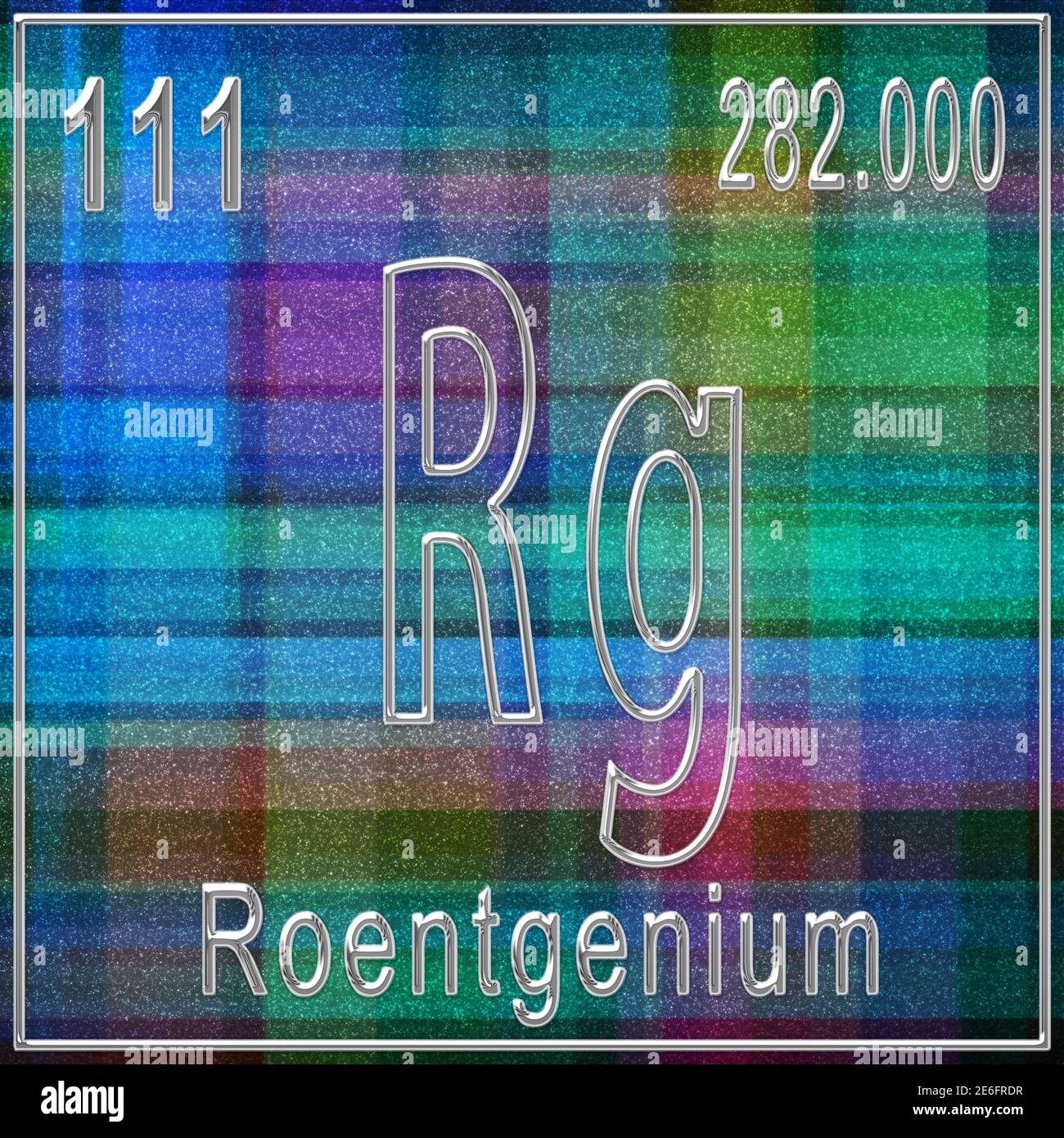 Roentgenium chemisches Element, Zeichen mit Ordnungszahl und Atomgewicht, Periodensystem-Element Stockfoto