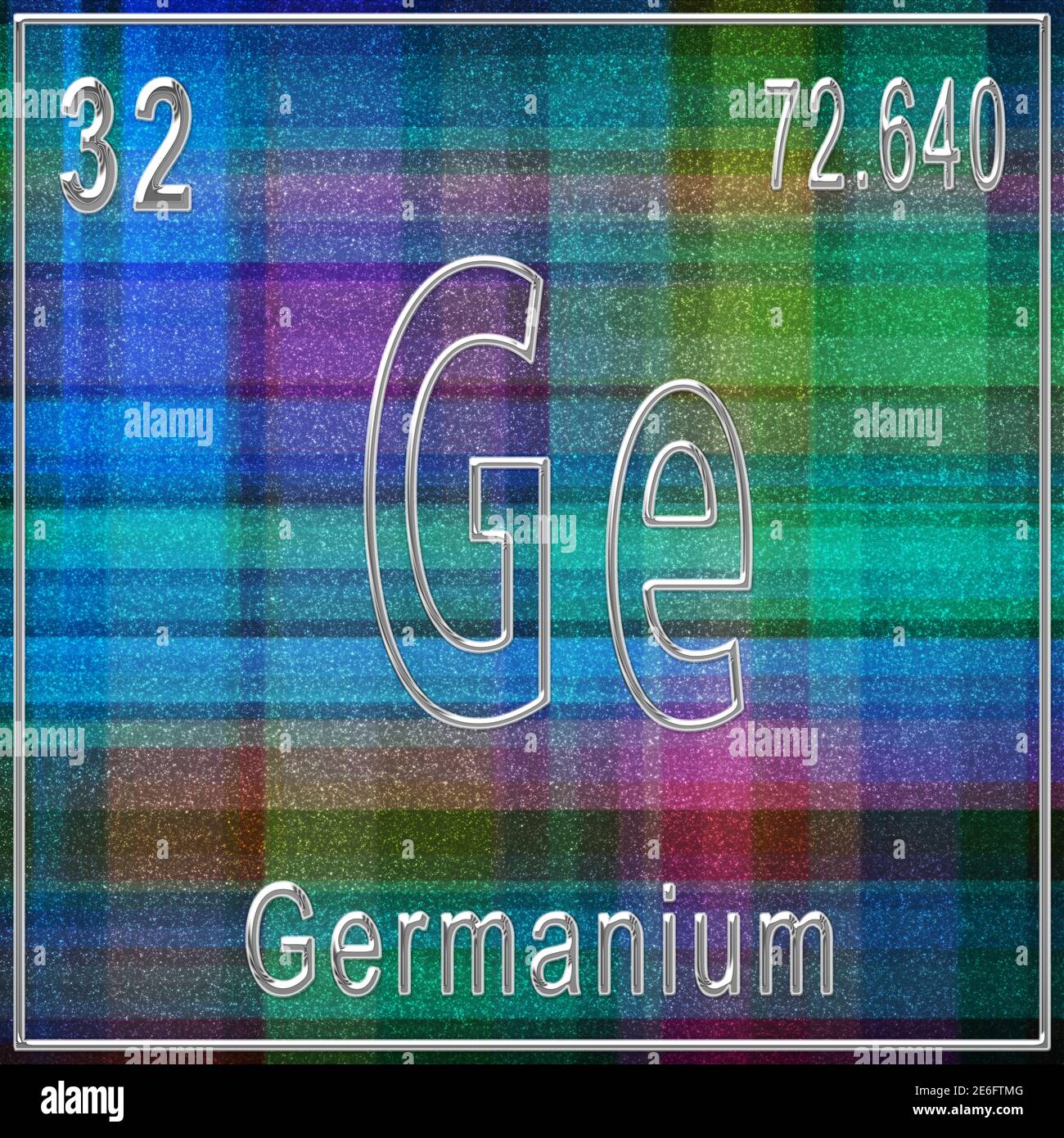 Germanium chemisches Element, Zeichen mit Ordnungszahl und Ordnungsgewicht, Periodensystem Stockfoto