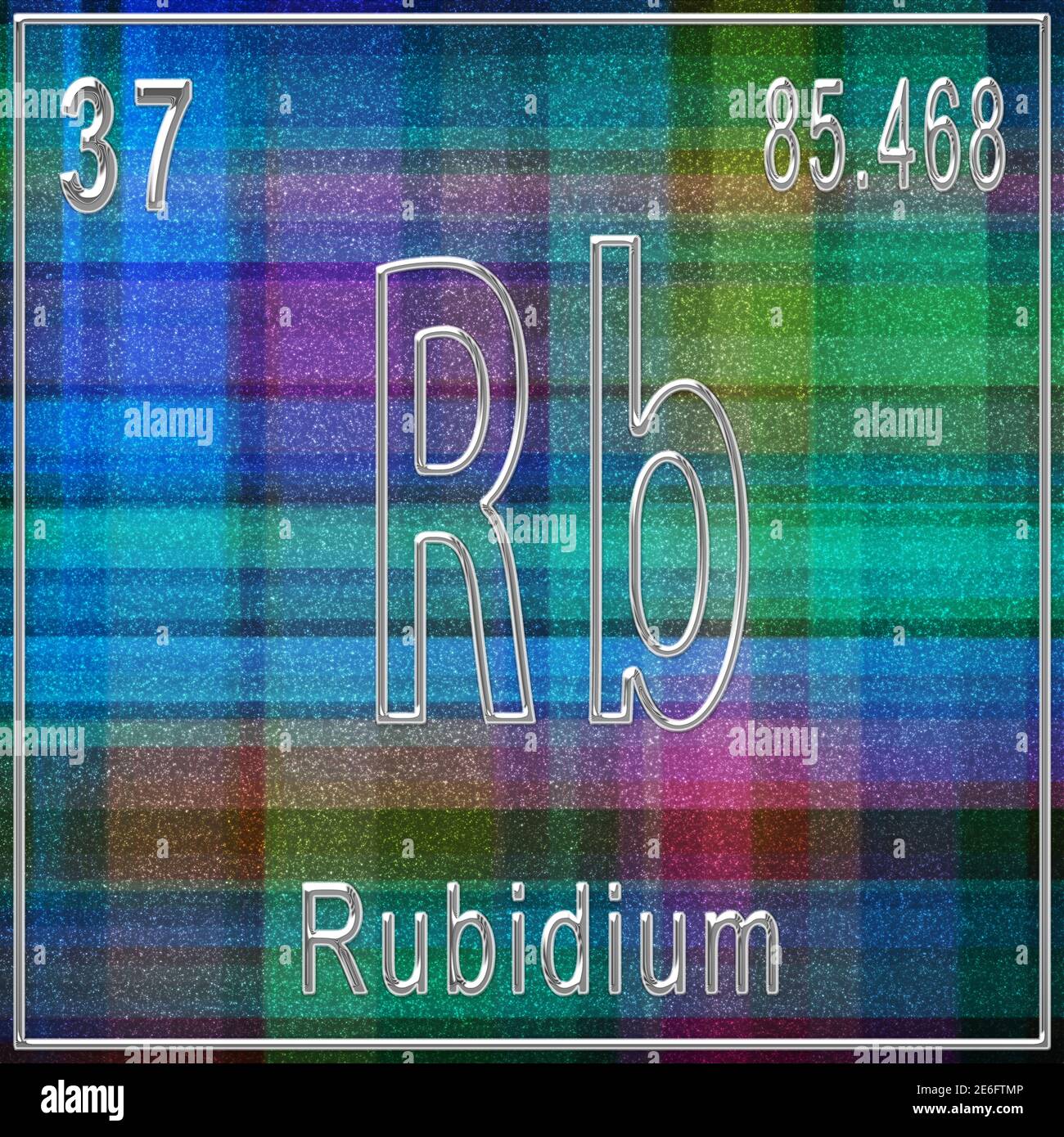 Rubidium chemisches Element, Zeichen mit Ordnungszahl und Ordnungsgewicht, Periodensystem Stockfoto