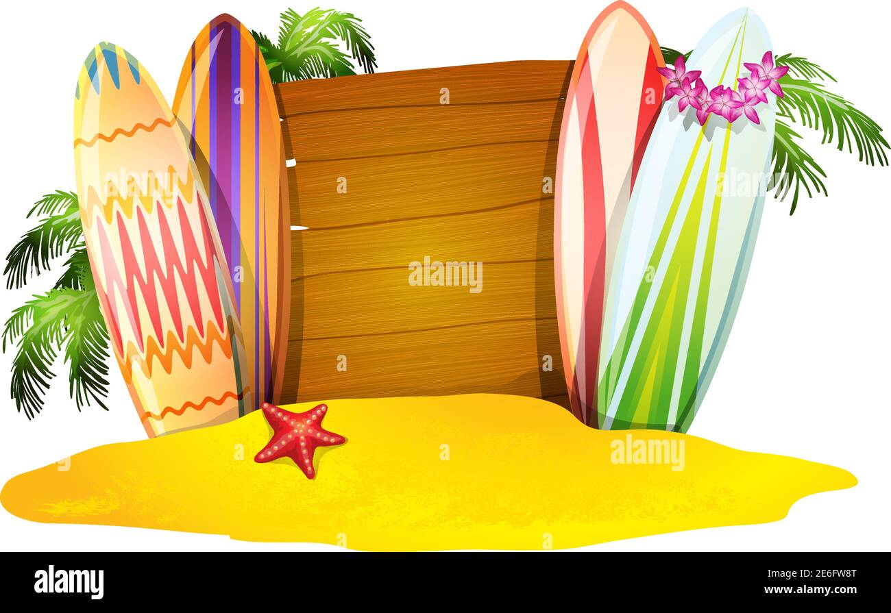 Sommer Urlaub Poster Surfbretter Sand Seesterne und Palmen Vektor Abbildung Stock Vektor