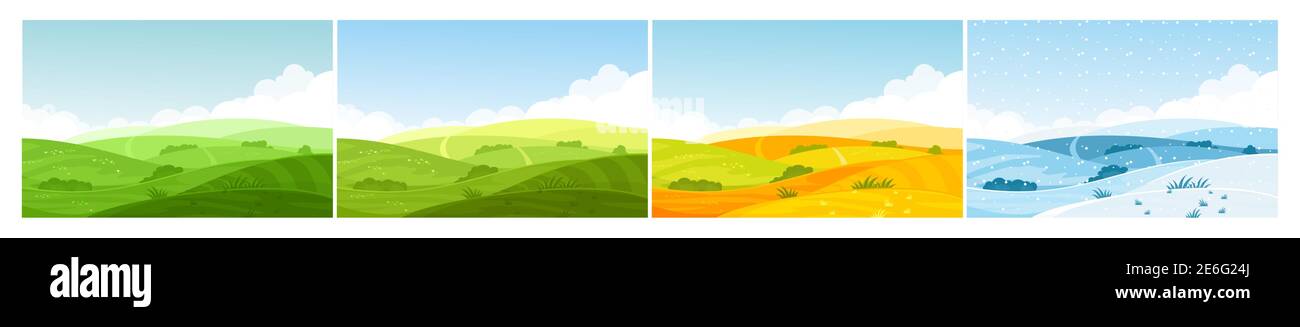 Naturfeld Landschaft in vier Jahreszeiten. Cartoon Sommer Frühling Herbst Winter Szenen mit grünen Wiese, blauen Schneehügeln, gelben wilden Feldern Stock Vektor