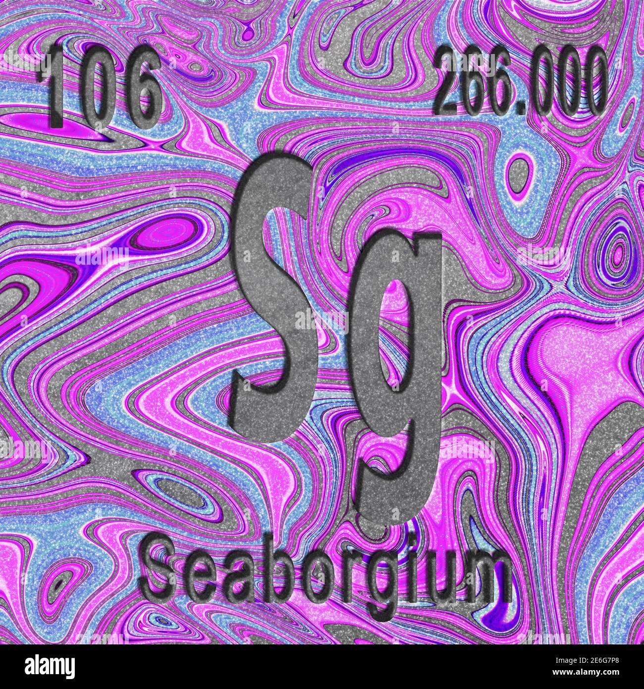 Chemisches Element seaborgium, Zeichen mit Ordnungszahl und Atomgewicht, violetter Hintergrund, Periodensystem Stockfoto