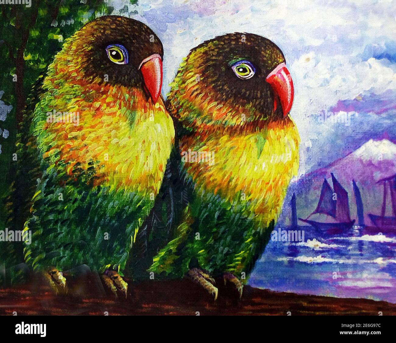 Kunst, Ölfarbe malen, Ein Paar, niedlich, Liebe, Vogel, in der Dunkelheit aus Thailand Stockfoto