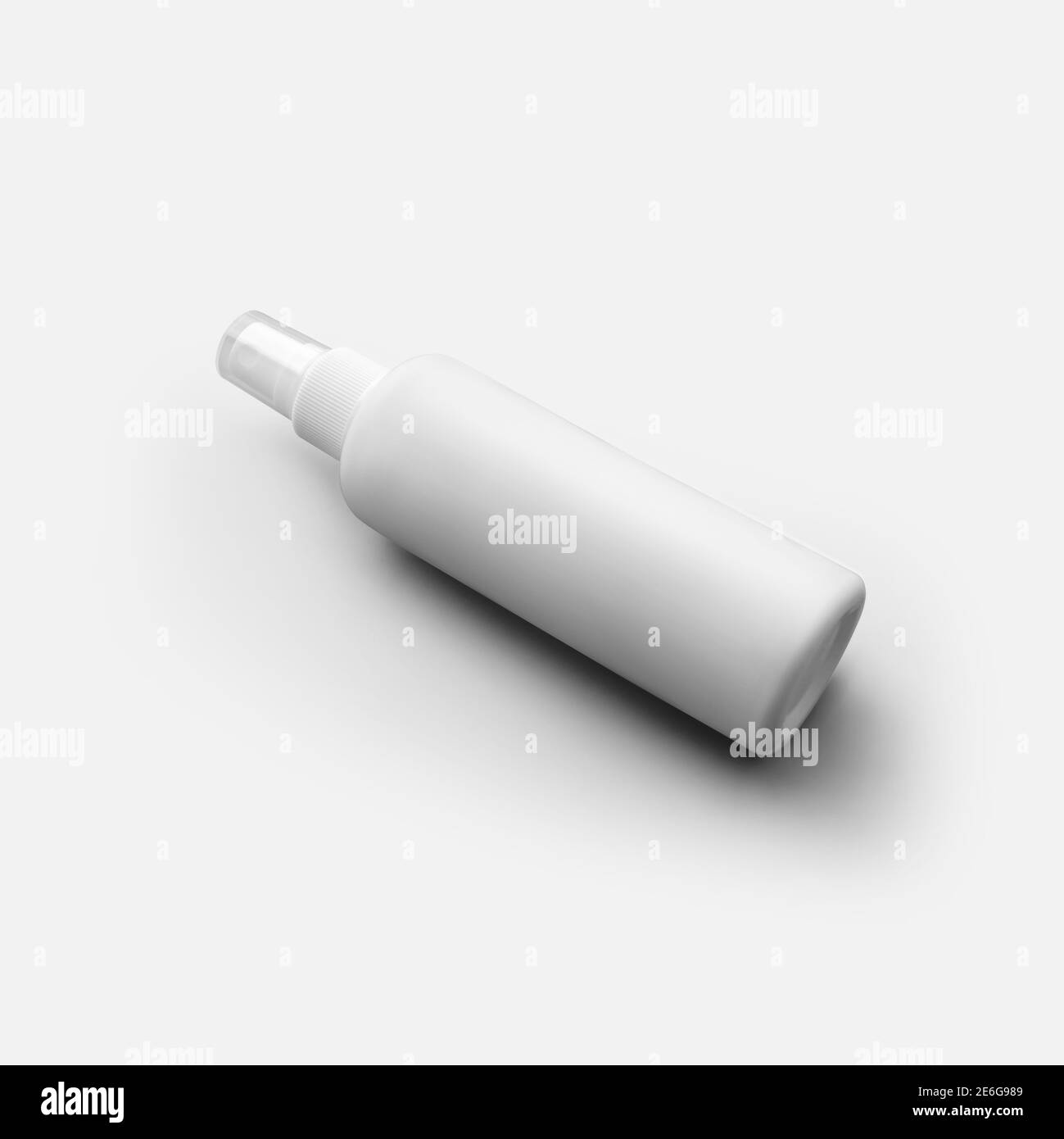 Weiße Fläschchenschablone mit Aerosol, Flasche mit Zerstäuber, zur Designpräsentation. Mockup der Plastikverpackung mit Spray, Behälter für Lotion, Antisep Stockfoto