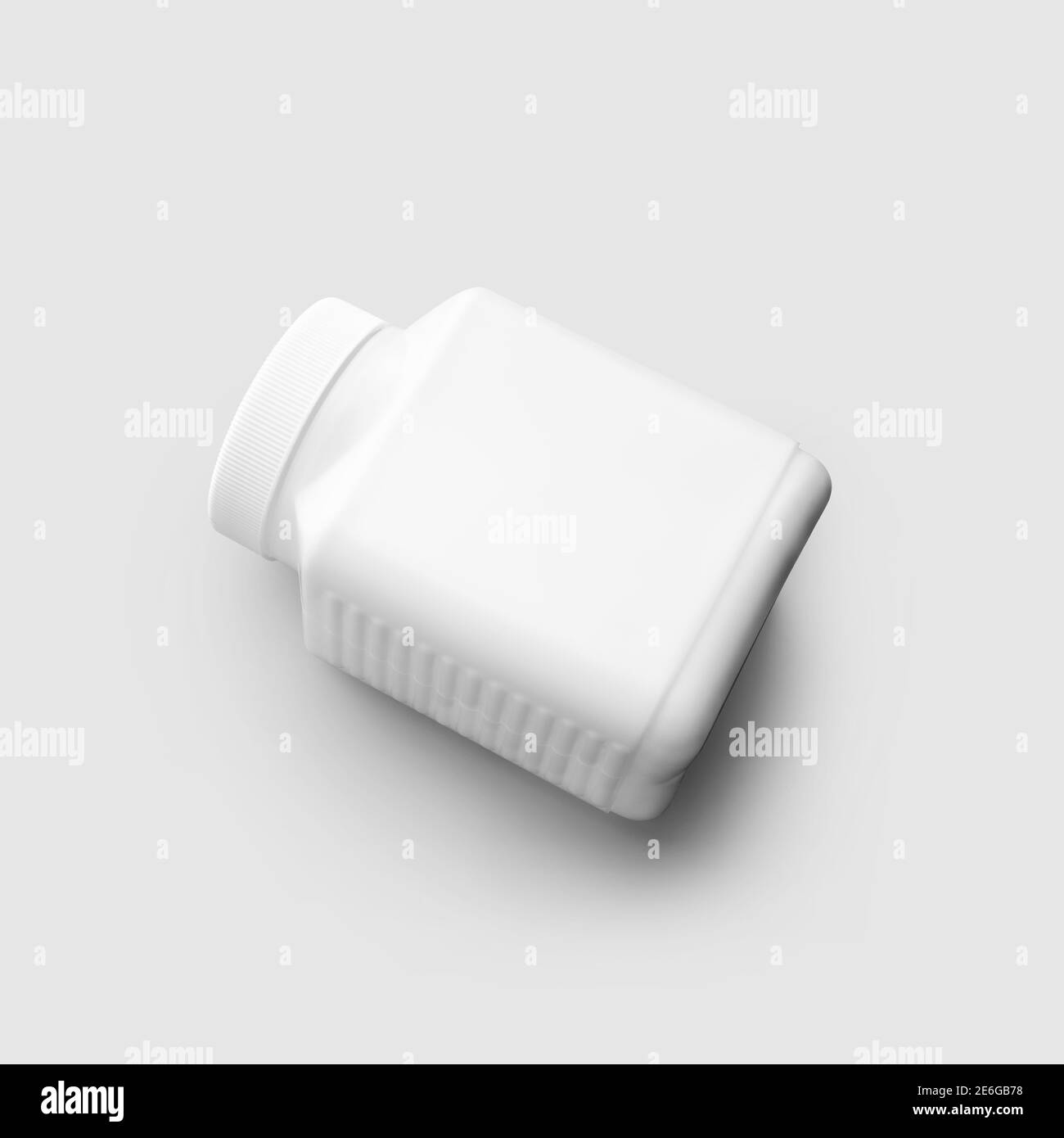 Schablone aus einem weißen Kunststoffglas in quadratischer Form mit Deckel, ein Behälter für Pillen, Tabletten, für Design-Präsentation, Werbung in einer Apotheke. Mock Stockfoto