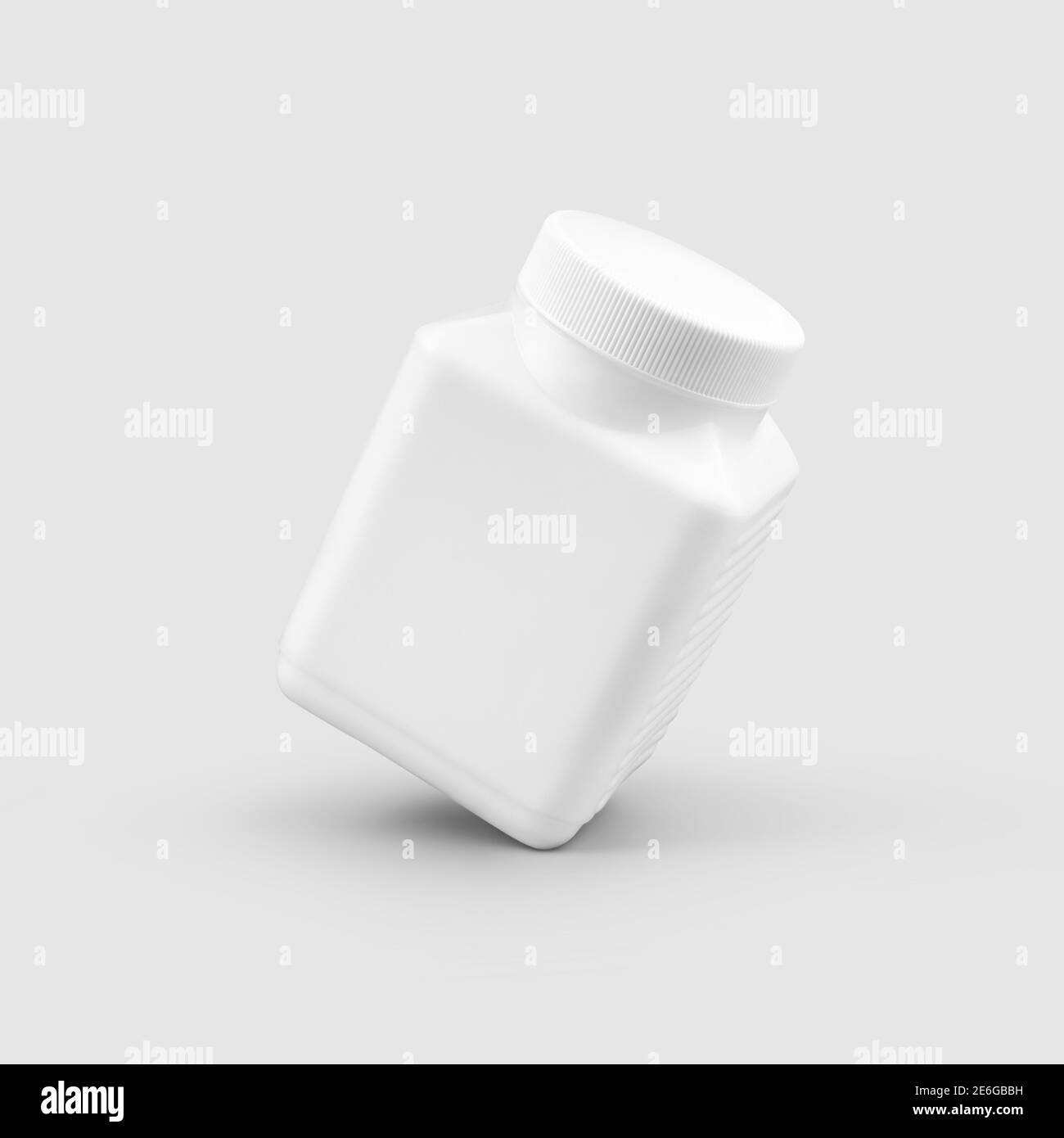 Vorlage eines weißen quadratischen Glas mit Deckel, gerippte Seite, für Pillen, Tabletten, Behälter isoliert auf Hintergrund. Matte Kunststoffflasche mockup für Design Pre Stockfoto