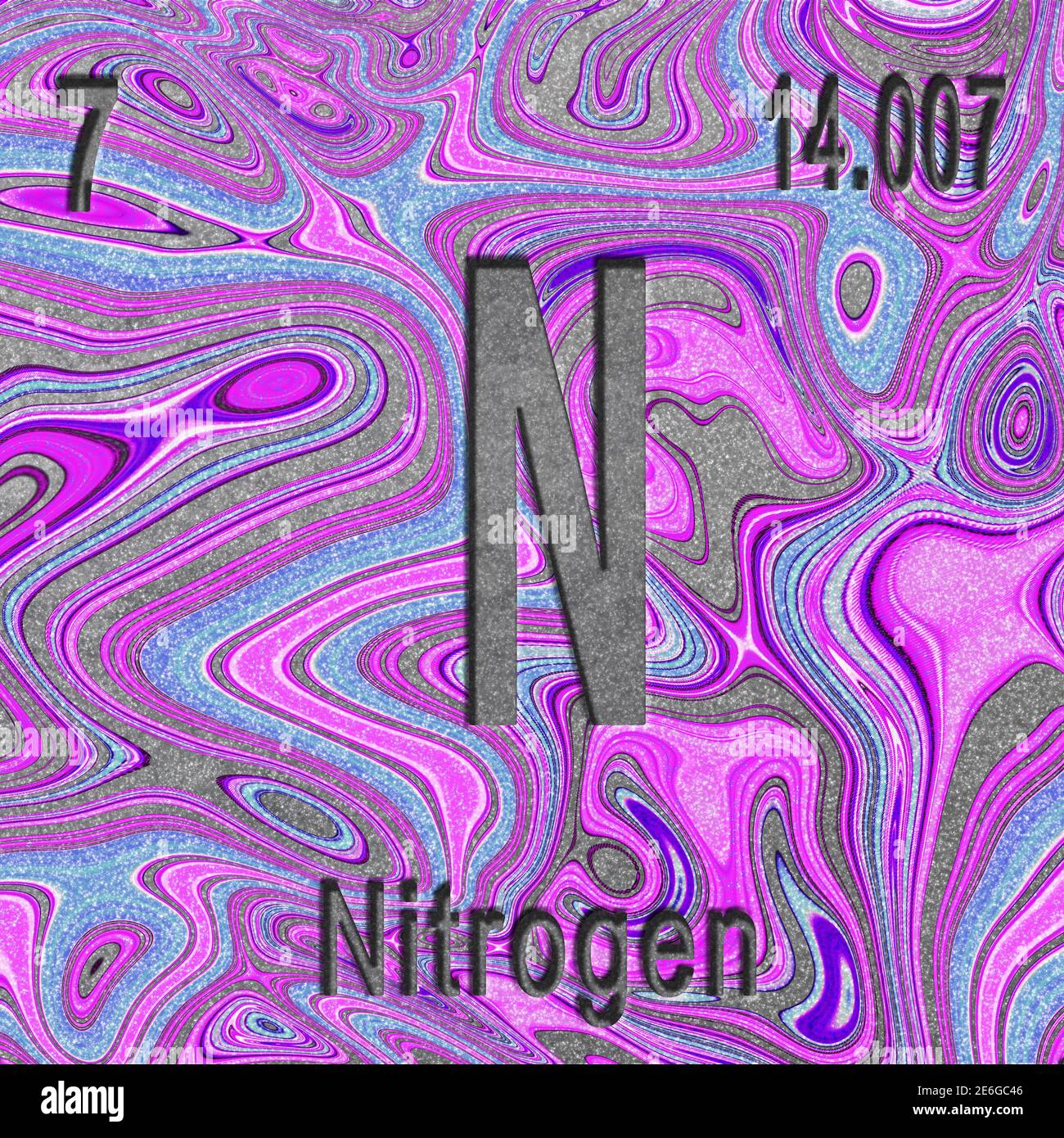 Chemisches Element Stickstoff, Zeichen mit Ordnungszahl und Ordnungsgewicht, violetter Hintergrund, Periodensystem Stockfoto