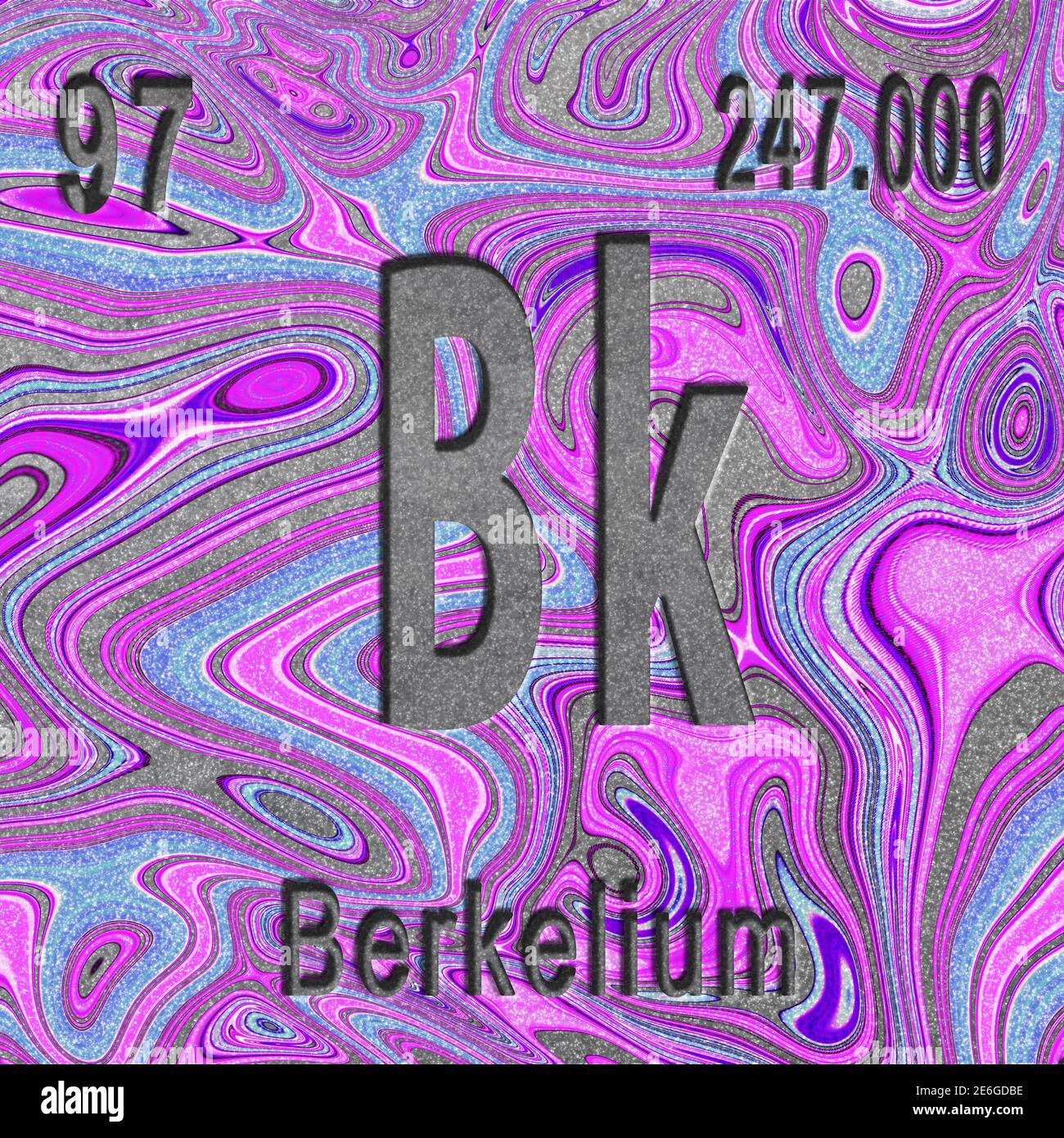 Berkelium chemisches Element, Zeichen mit Ordnungszahl und Atomgewicht, violetter Hintergrund, Periodensystem Stockfoto