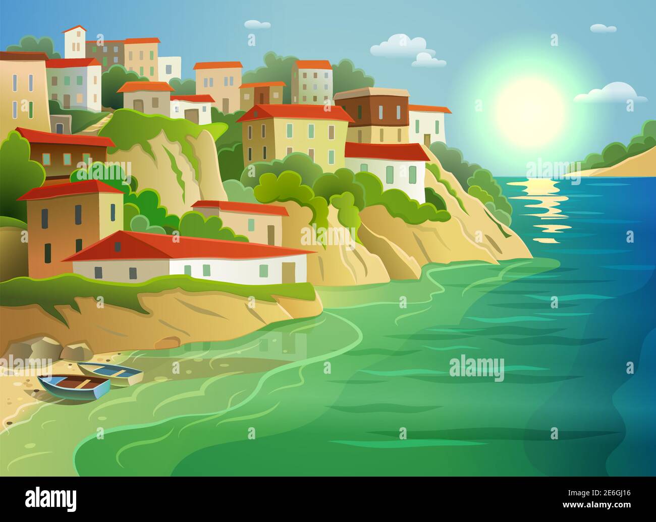 Malerische Küsten-Wohndorf Cottages auf steilen Insel Küste dekorativ Poster mit Fischerbooten abstrakte Vektor-Illustration Stock Vektor
