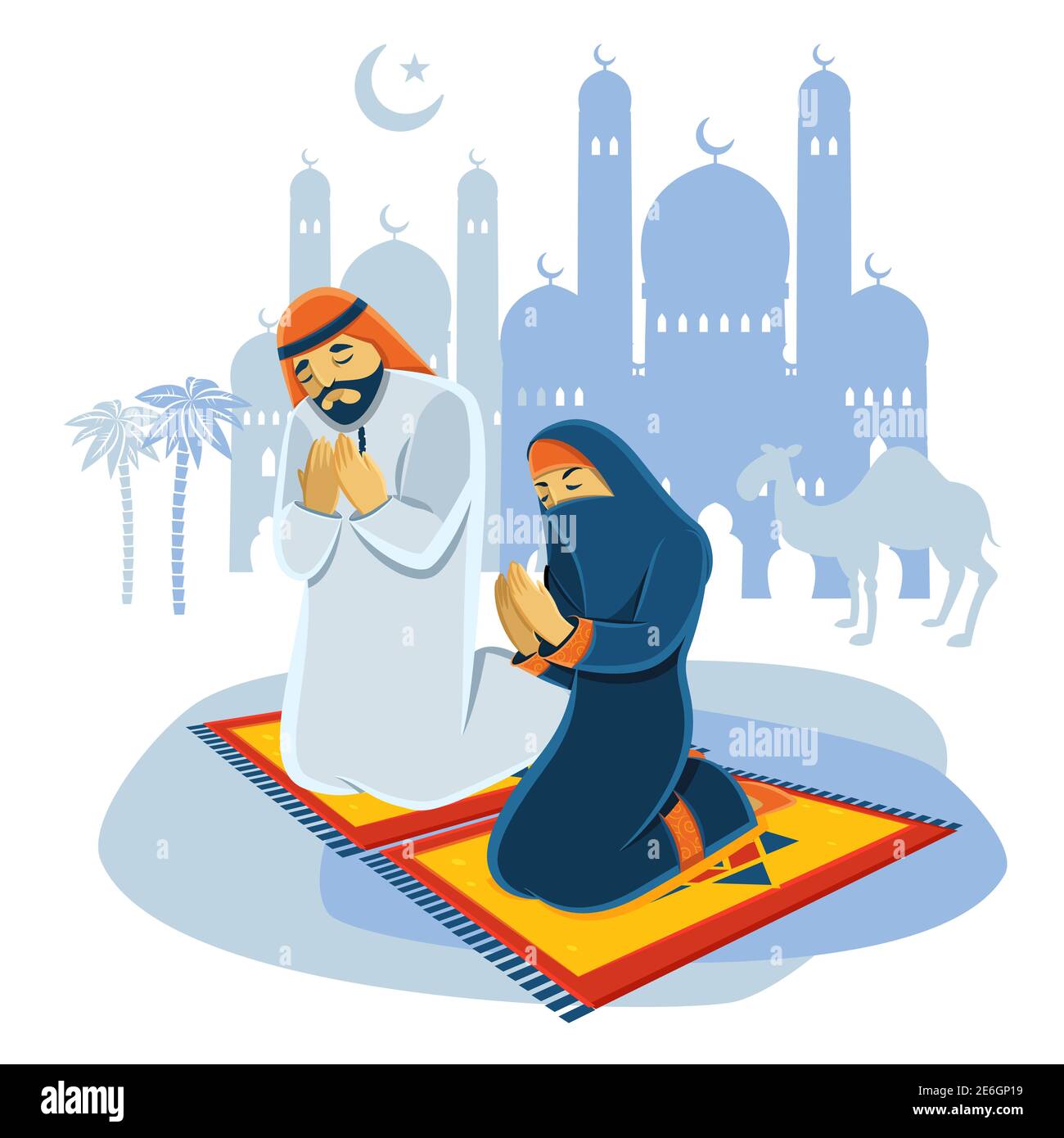 Betende Muslimische Mann Und Frau Konzept Mit Kamel Und Moschee Flache Vektorgrafik Stock Vektorgrafik Alamy