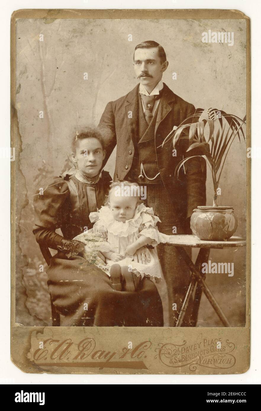 Originales antikes viktorianisches Studioporträt mit typischer Topfpalme/Zimmerpflanze in einem Topf. Das Porträt ist ein attraktives junges Paar mit seiner kleinen Tochter. Foto von 1895, aus dem Studio von E. A. Day & Co Norwich, Norfolk, Großbritannien Stockfoto