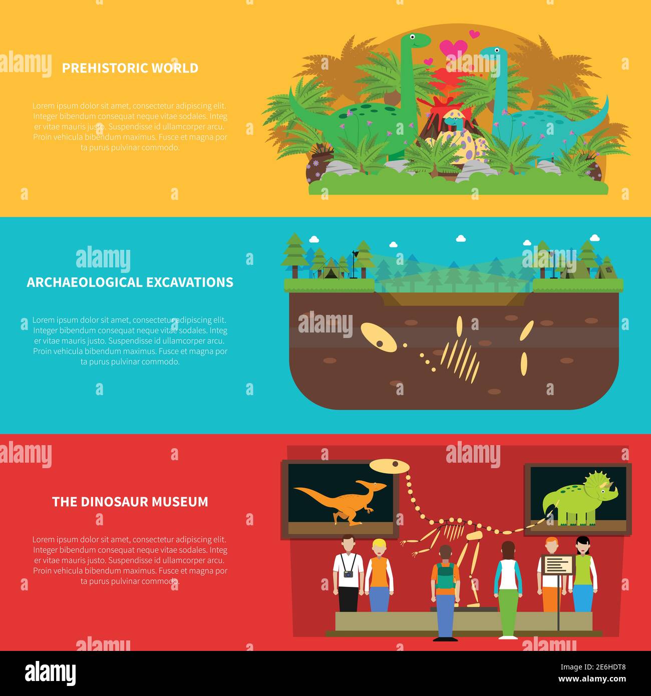 Dinosaurier horizontale Banner mit prähistorischen Welt Elemente isoliert Vektor gesetzt Abbildung Stock Vektor