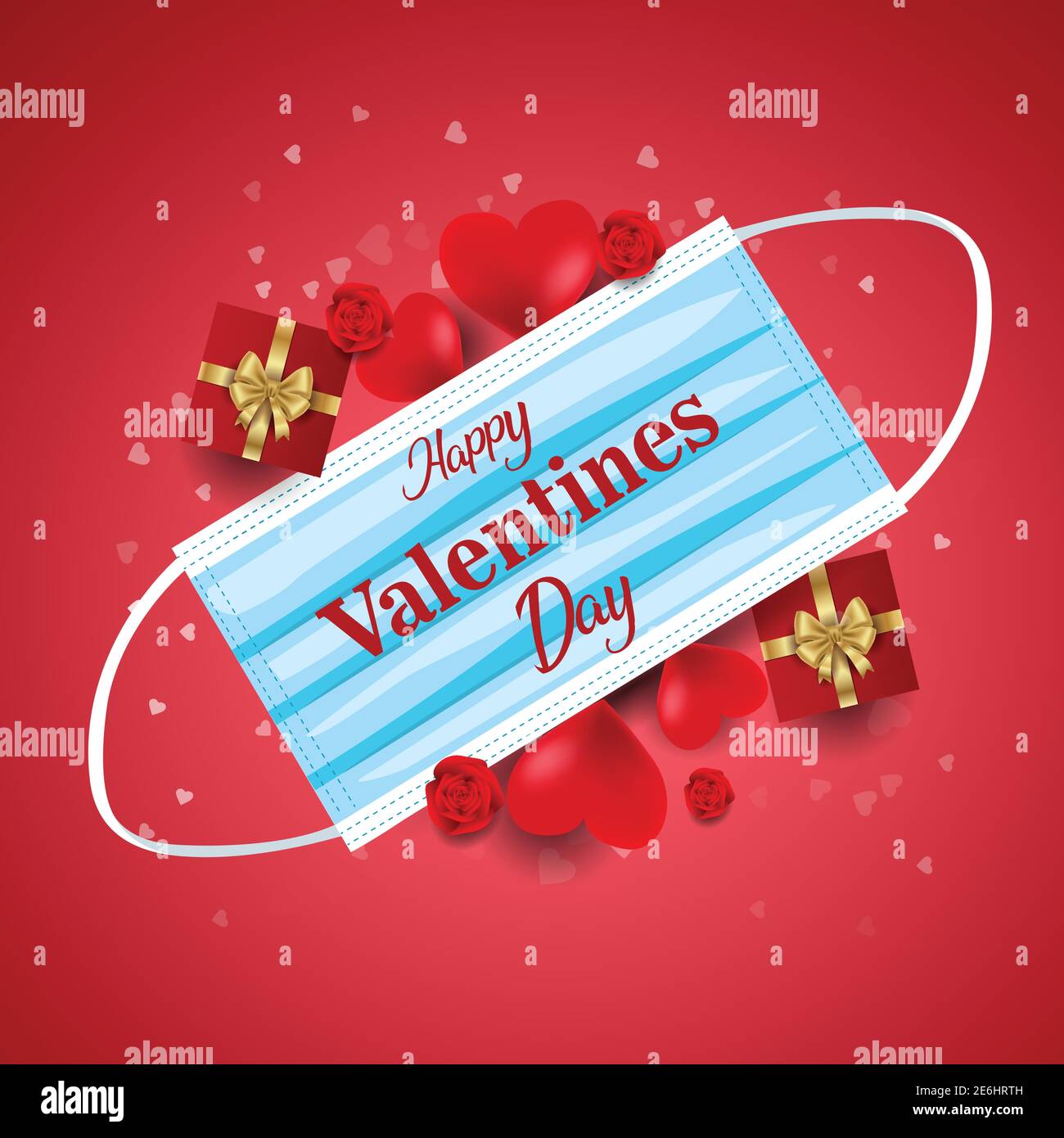 Happy valentine's Day Poster rote Maske mit rotem Herz und goldenen Schriftzug. Covid-19 Corona Virus Konzept. vektor-Illustration Design Stock Vektor