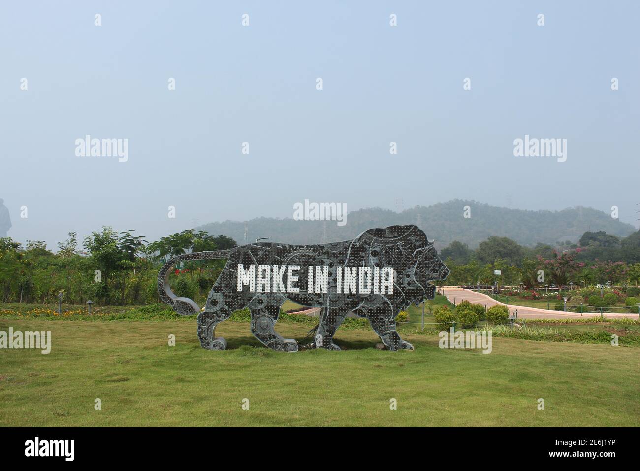 Skulptur der Marke in Indien Logo Löwe, Tal der Blumen in der Nähe Statue der Einheit, Narmada, Gujarat, Indien Stockfoto