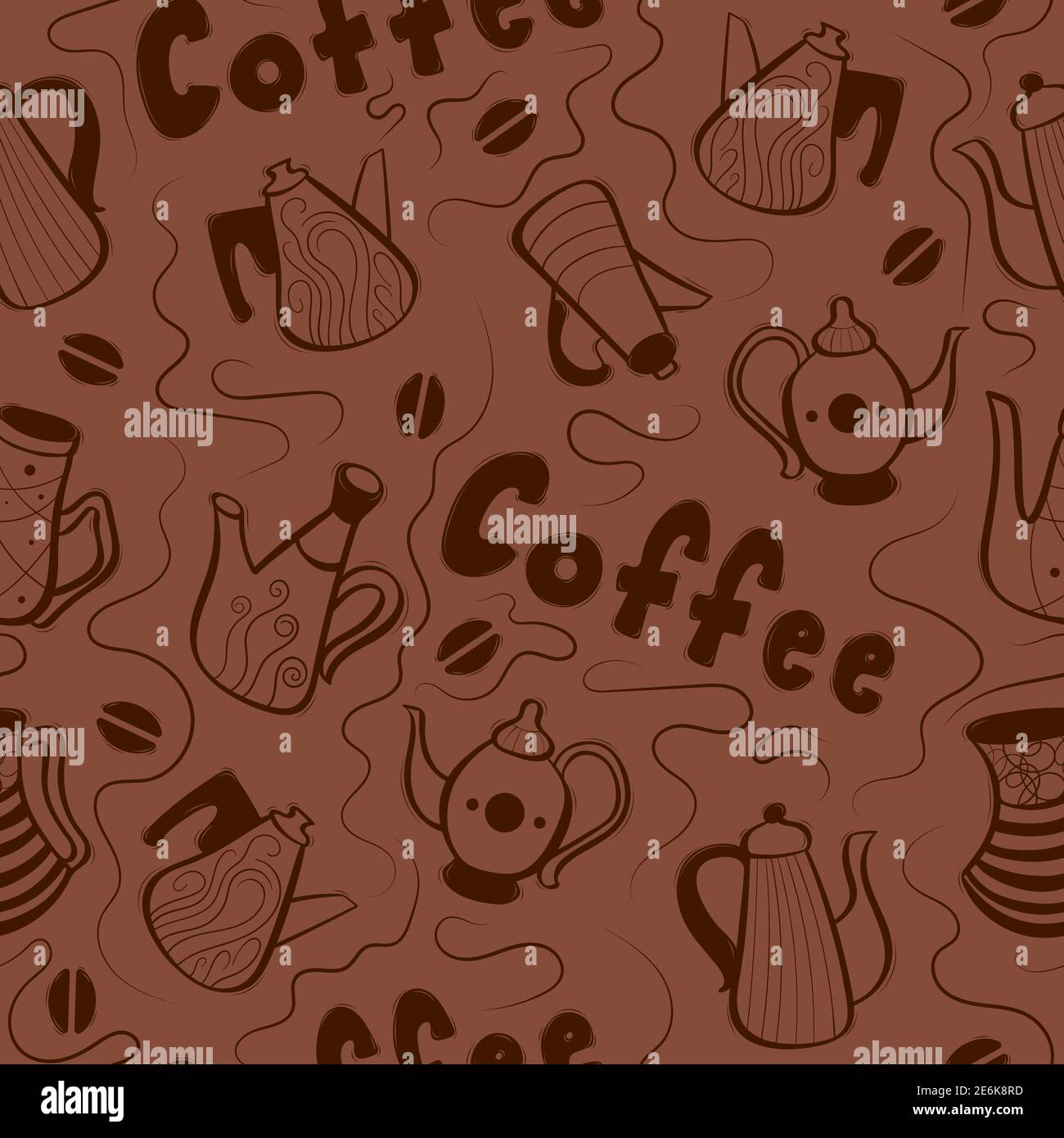 Nahtloses Muster mit niedlichen dekorativen, handgezeichneten Kaffeekannen. Vektorgrafik. Stock Vektor