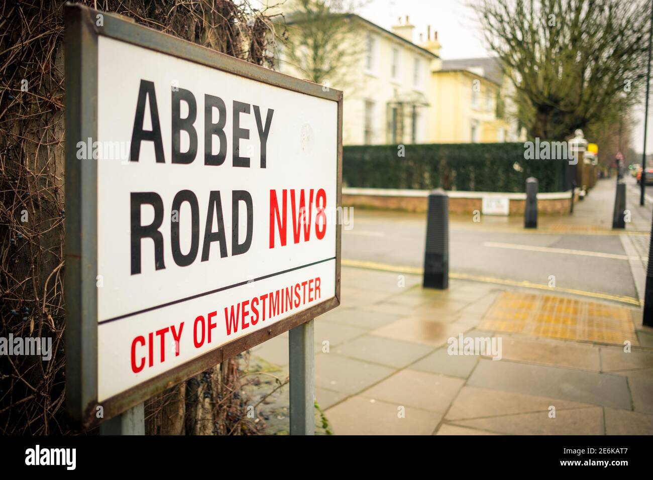 London - Abbey Road Straßenschild, eine berühmte Straße im Nordwesten Londons Stockfoto