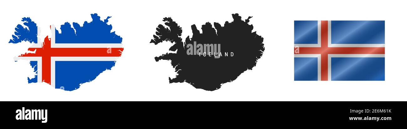 Island. Karte mit maskierter Flagge. Detailreiche Silhouette. Winkende Flagge. Vektorgrafik isoliert auf Weiß. Stock Vektor