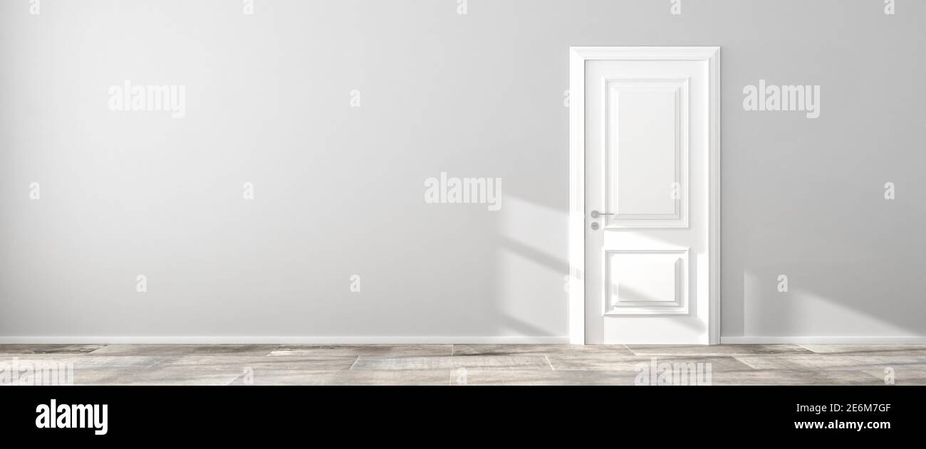 Interieur: Leeres Wohnzimmer in einem Loft-Stil Gebäude. Helle Wand, Steinboden und weiße Tür. Sonnenlicht durch großes Fenster. 3d-Rendering - Web BA Stockfoto