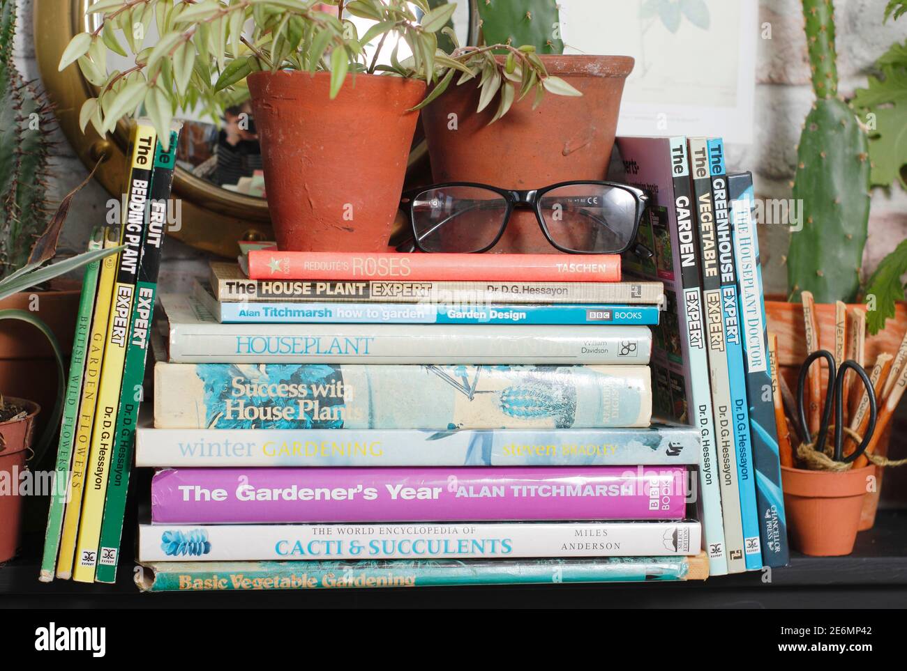 Stapel von Gartenbüchern auf einem Bücherregal mit Zimmerpflanzen und Lesebrillen. VEREINIGTES KÖNIGREICH Stockfoto