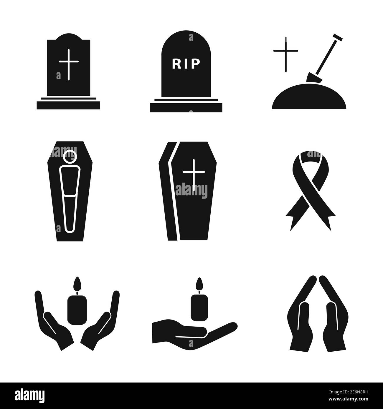 Beerdigung Icon Set. Todeskonzept. Religion Begräbnis Symbol Sammlung. Vektor auf Weiß isoliert Stock Vektor