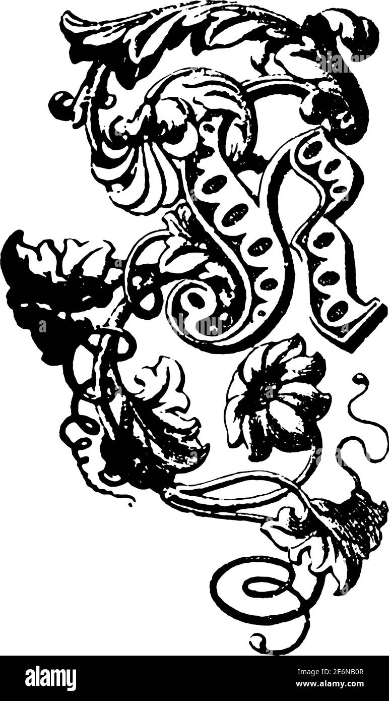 Dekorativer Großbuchstabe K. Vintage Gravur oder Linienzeichnung Illustration. Blumenschmuck. Stock Vektor