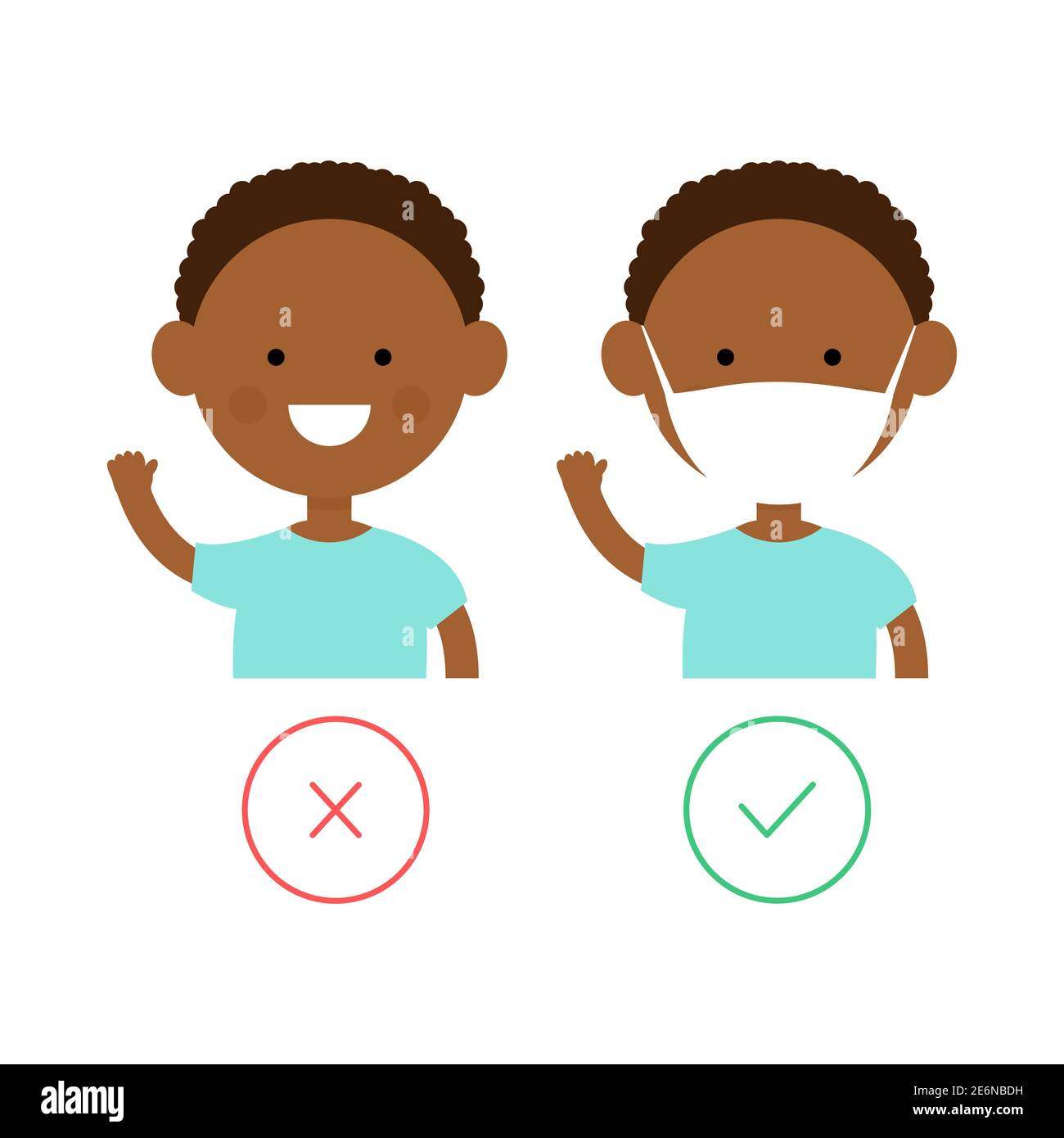 Cute afrikanischen Jungen tragen mit medizinischen Maske und ohne. Kind in Rauchmaske Poster. Vektor-flache Abbildung isoliert auf weißem Hintergrund. Stock Vektor