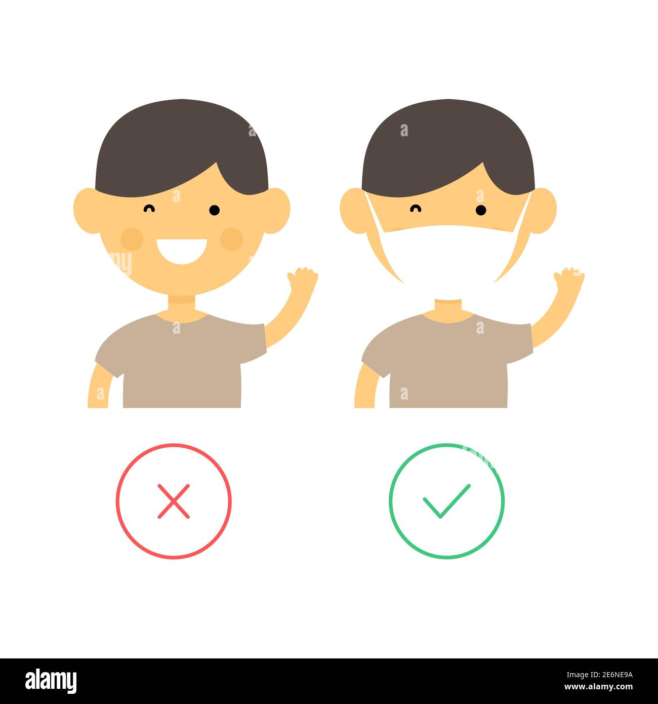 Nette lustige junge tragen mit medizinischen Maske und ohne. Kind in Rauchmaske Poster. Vektor-flache Abbildung isoliert auf weißem Hintergrund. Stock Vektor