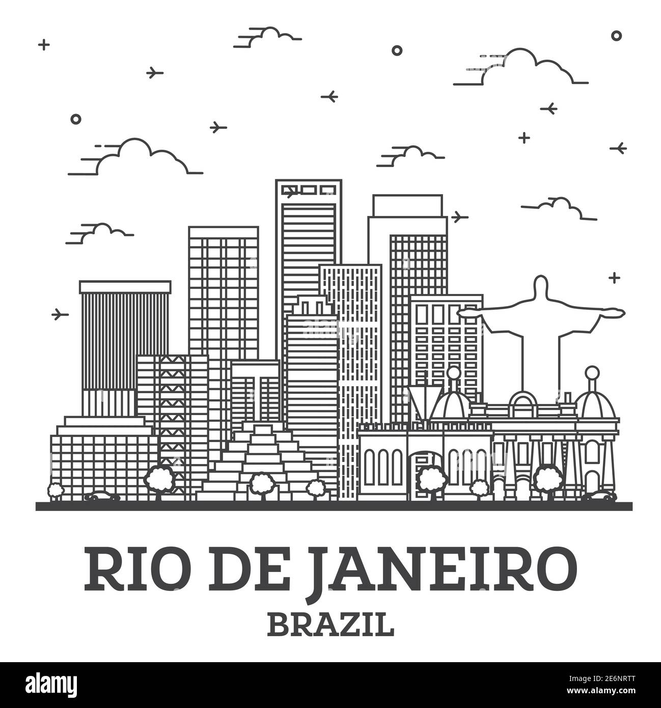 Umrisse Rio de Janeiro Skyline der Stadt mit modernen Gebäuden isoliert auf Weiss. Vector Illustration. Rio de Janeiro Stadtbild mit Sehenswürdigkeiten. Stock Vektor