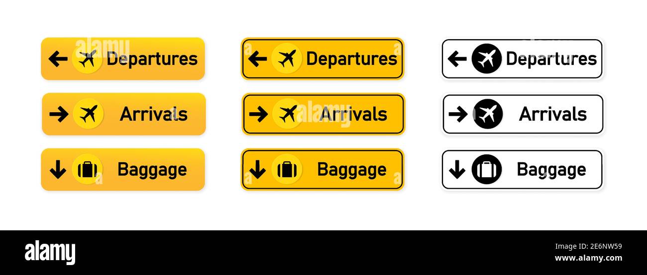 Abflüge, Ankunft, Gepäck Flughafen-Zeichen gesetzt. Für die Verwendung zur Identifizierung der Richtung verschiedener Standorte und Zwecke um einen Flughafen herum. Vektor EPS 10 Stock Vektor