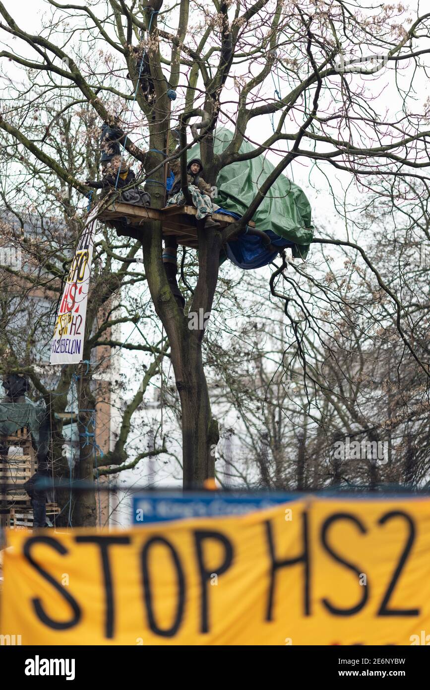 Räumung von Stop HS2 Demonstranten vom Euston Square Gardens Campingplatz, London, 27. Januar 2021. Demonstranten sitzen in einem Baumhaus. Stockfoto