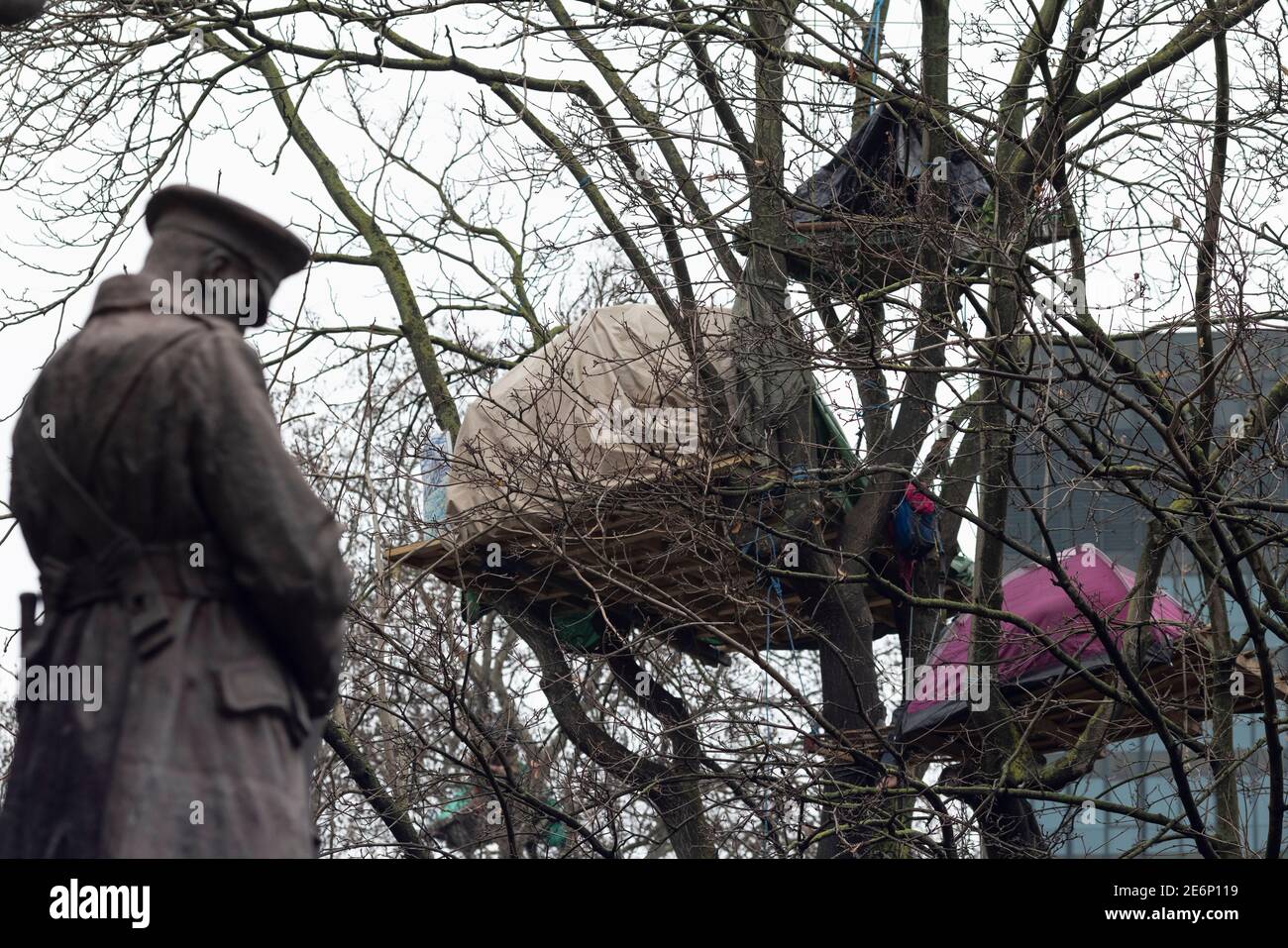 Räumung von Stop HS2 Demonstranten vom Campingplatz in Euston Square Gardens, London, 27. Januar 2021. Demonstranten zelten in einem Baum. Stockfoto
