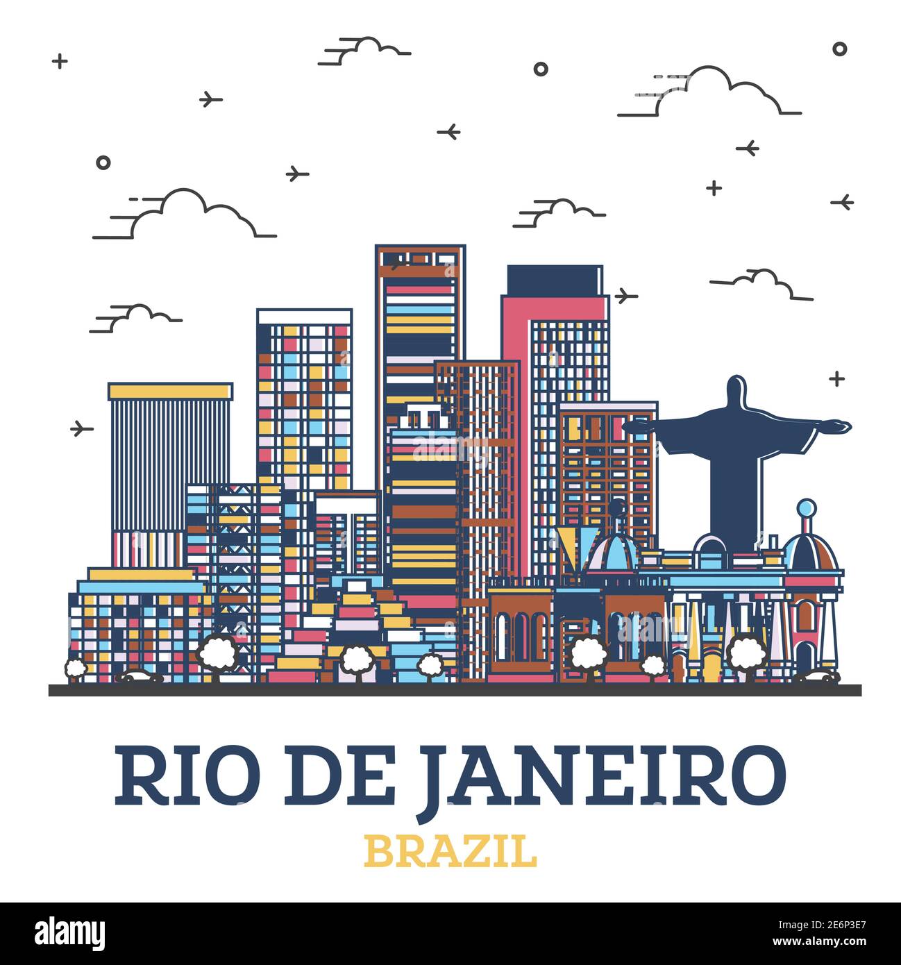 Umriss Rio de Janeiro Brasilien City Skyline mit farbigen modernen Gebäuden isoliert auf Weiß. Vektorgrafik. Stadtbild von Rio de Janeiro. Stock Vektor