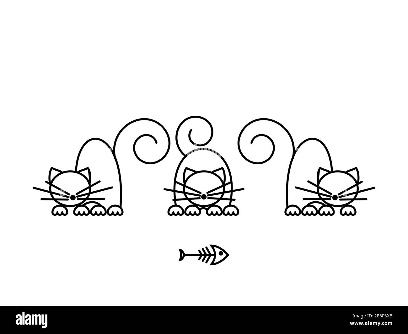 Katzendruck. Lustige Kätzchen spielen mit einem Fisch. Minimalistische Kunst. Vektorgrafik. Stock Vektor