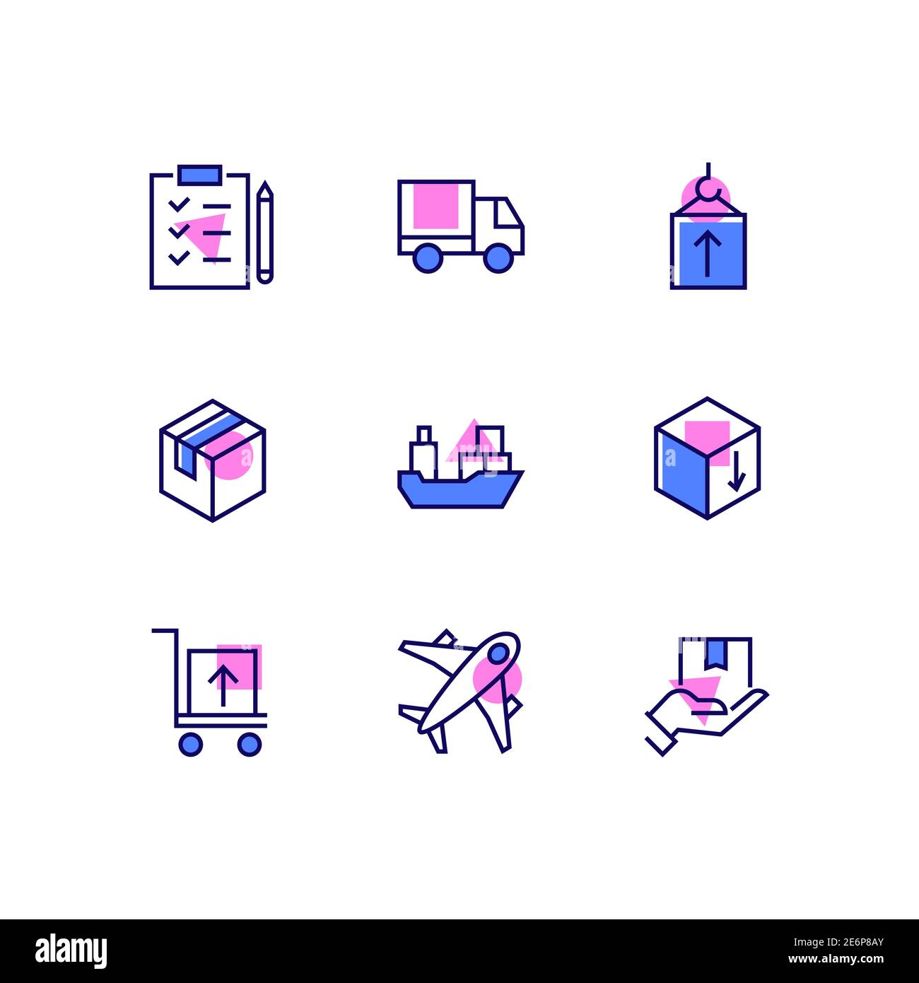 Logistik - Moderne Linie Design Stil Ikonen mit Farbakzenten gesetzt. Lieferung und Transport Dienstleistungen Idee. Container, Verpackung, Wasser- und Luftschiff Stock Vektor