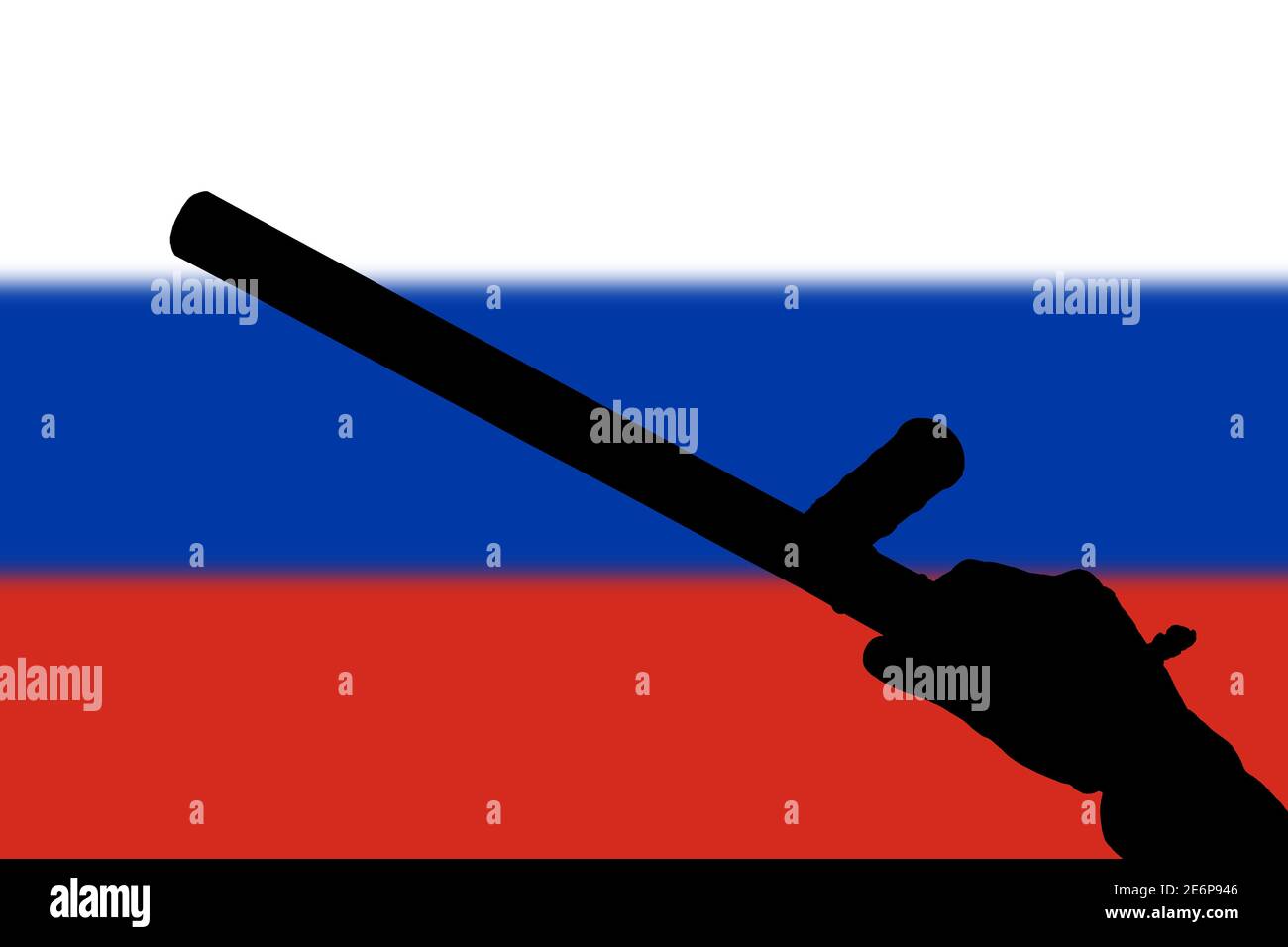 Hand mit Polizei Tonfa Gummistock Silhouette und verschwommen russisch Flagge im Hintergrund - gewalttätiges Konzept der Aufstandskontrolle Stockfoto